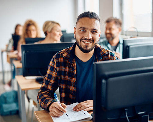 man in front of computer