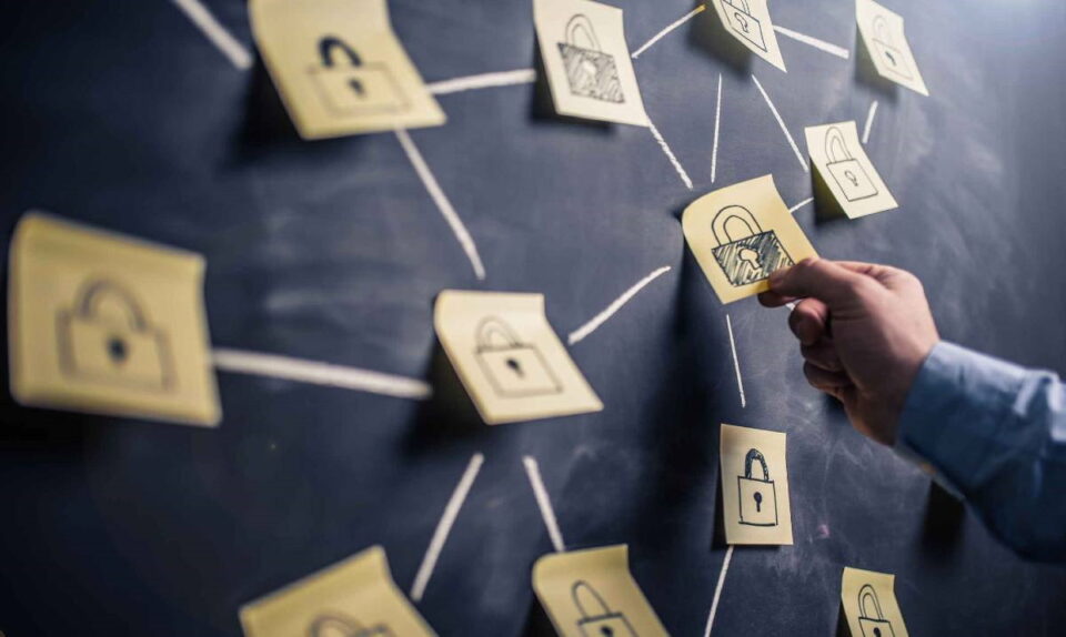 blackboard with post-it notes and lock icons