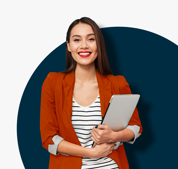 lady in red jacket talking about edtech provider solutions