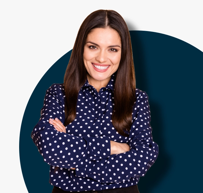 lady in blue shirt happy about ai item assessment creation