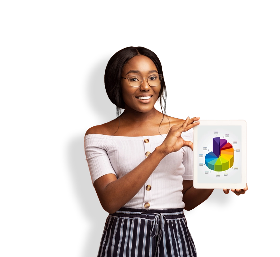 lady holding an online assessment reporting chart