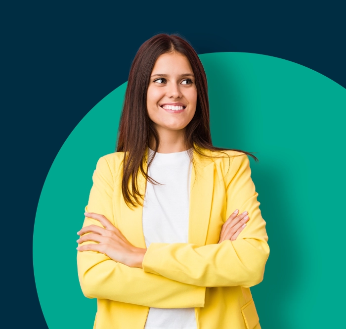 lady in yellow jacket looking for online assessment solutions