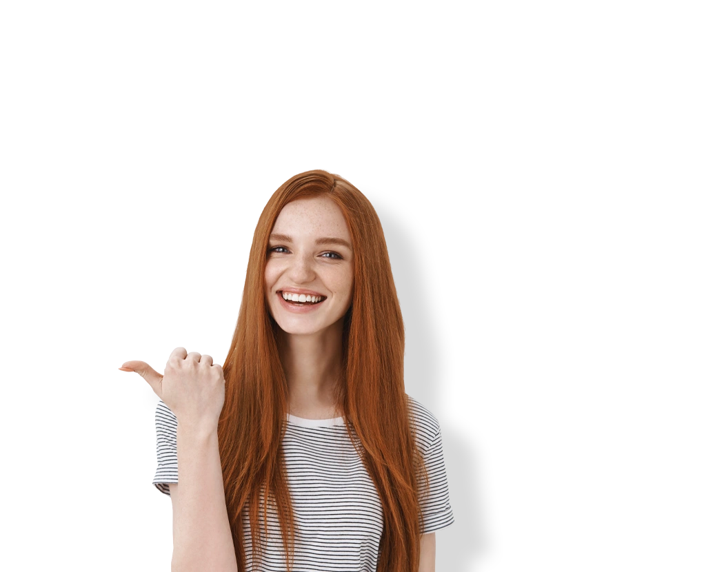girl in stripey top pointing to digital exam platform