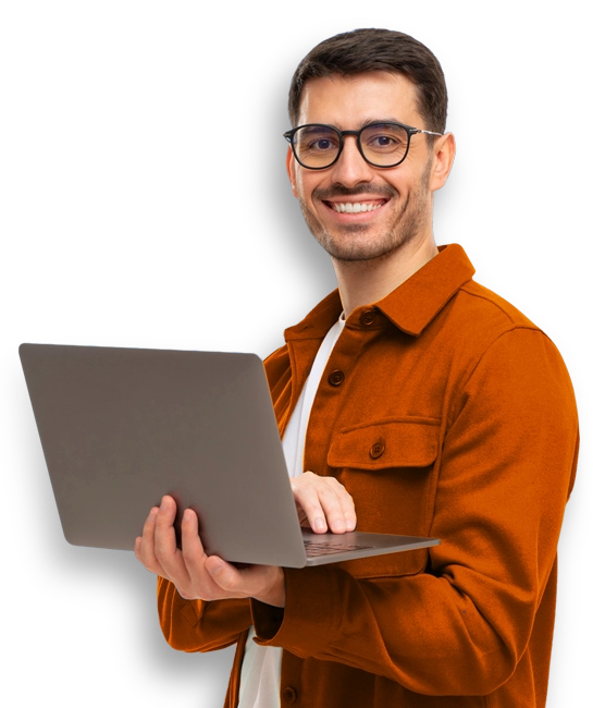 man in red shirt using an online assessment and exam solution for his company