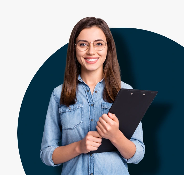 lady in blue denim shirt welcome you to an exam centre