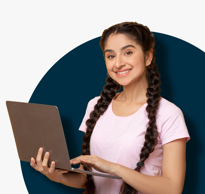 young girl working on online exam software for assessing languages