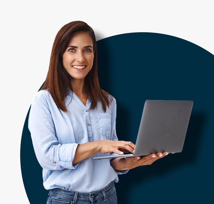 lady in blue shirt using our online exam delivery app