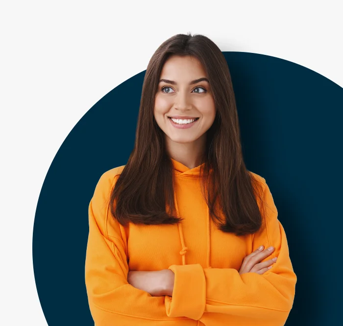lady in orange top promoting an online assessment platform