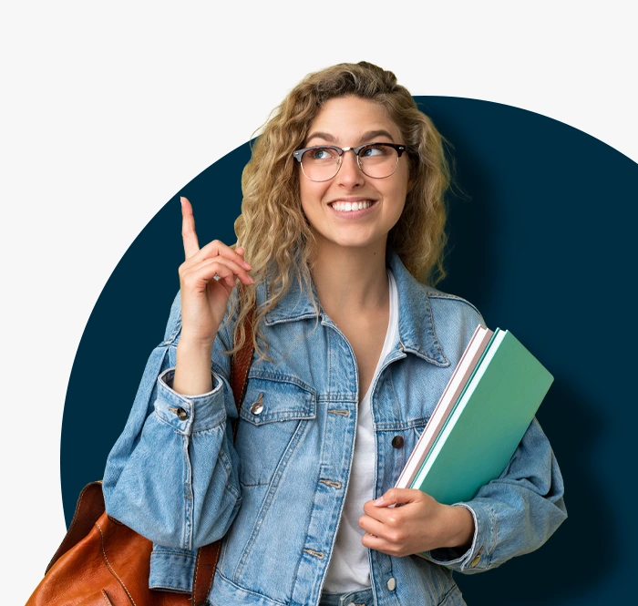 university student pointing to online exam software