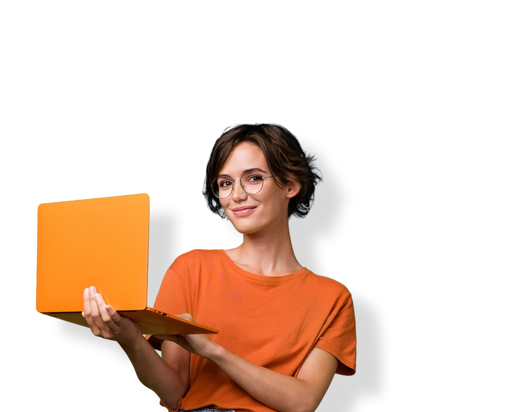 female in orange with orange laptop