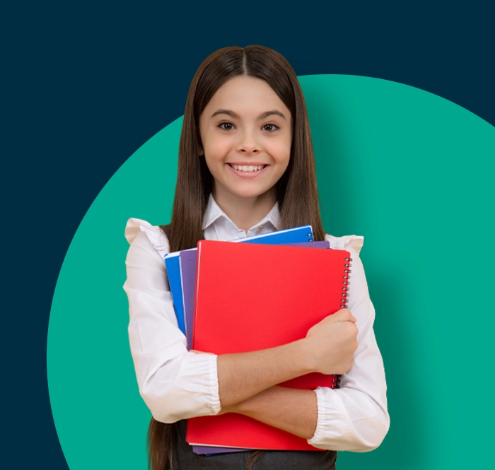 girl with bright red folder waiting to complete a school assessment