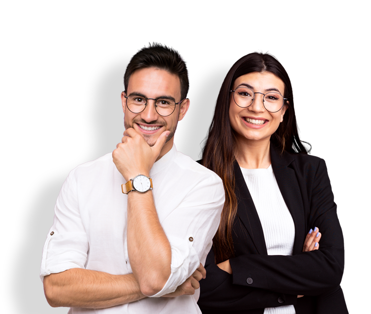 male and female professionals smiling