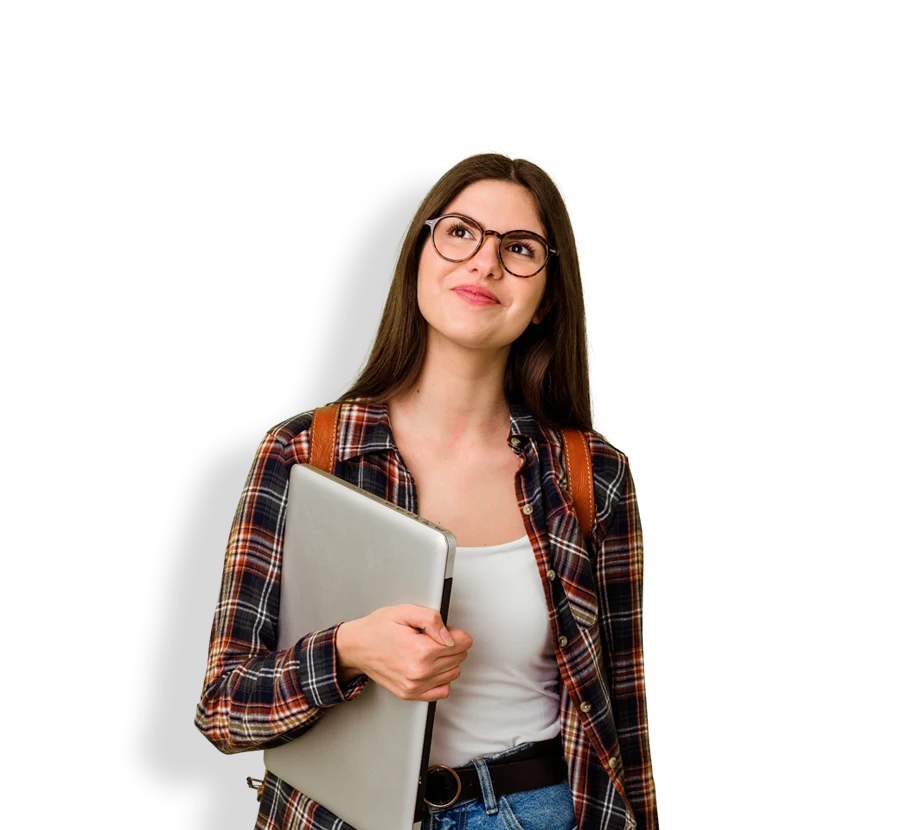 lady in chequered shirt holding laptop, helping with exam management