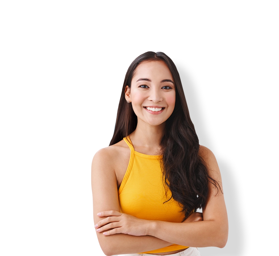 smiling girl in yellow top using digital exam technology