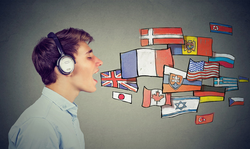 person speaking national flags